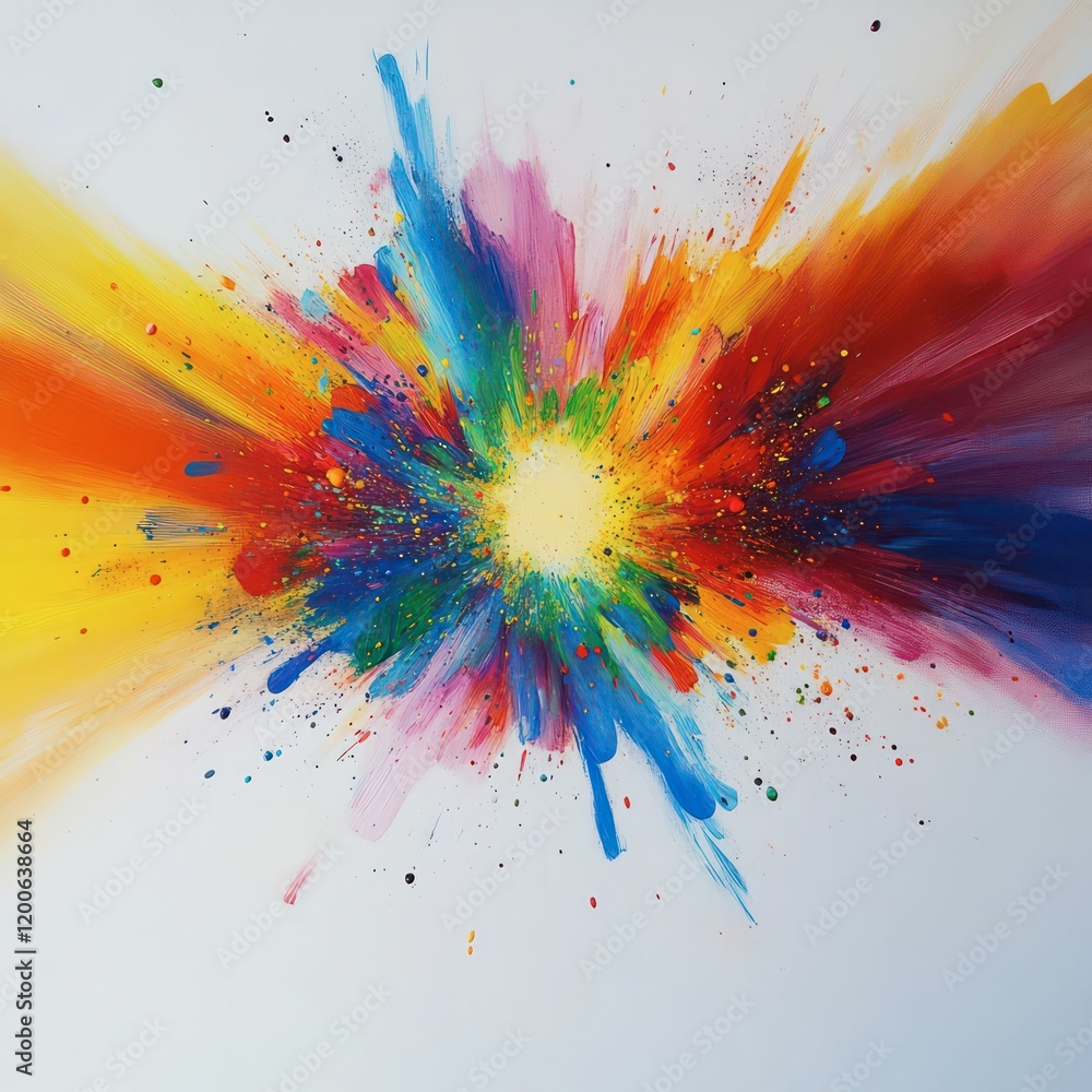 Poster a vibrant watercolor explosion design, with splashes of color and ink blending into intricate patter
