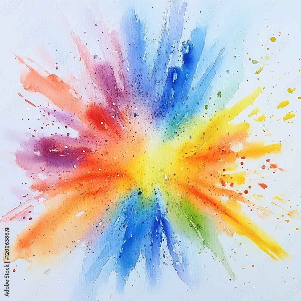 Poster an explosion of vibrant watercolor splashes on a white background, creating a dynamic and energetic 