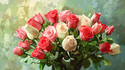 Elegant Vase Filled with Lush Roses in Bloom Surrounded by Greenery Creating a Romantic and Charming Atmosphere for Any Setting or Occasion