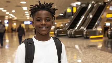 Naklejka premium Airport Portrait of a Smiling Young Boy Traveler