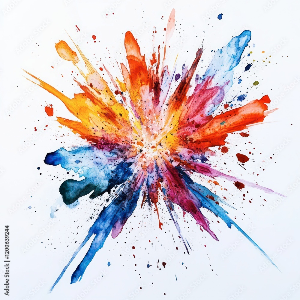 Poster an explosion of vibrant watercolor splashes on a white background, creating a dynamic and energetic 