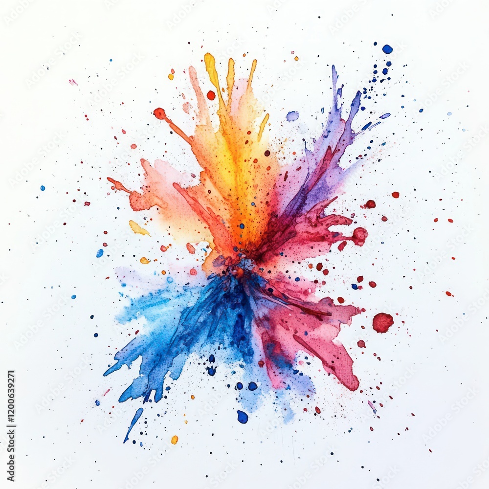 Poster an explosion of vibrant watercolor splashes on a white background, creating a dynamic and energetic 