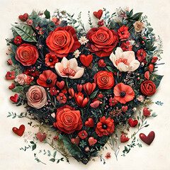 Beautiful Heart Shaped Arrangement of Colorful Flowers and Lush Green Leaves Creating a Romantic and Whimsical Atmosphere in Nature