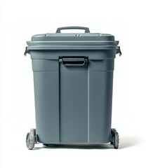 Gray plastic wheelie bin with lid and handles, isolated on white.