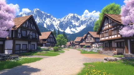 Fototapeta premium Alpine Village Scenic View Charming Houses, Snow Mountains