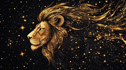 Golden Celestial Lion Majestically Roars Among Stars