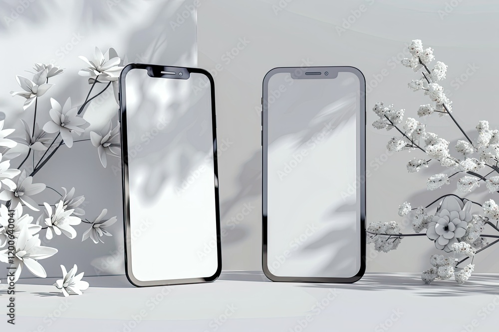 Poster high definition image of two smartphone mockup with 3d modeling