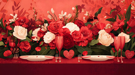 Elegant Dining Table Adorned with Vibrant Red Tablecloth Surrounded by Warm Ambient Light Creating a Cozy and Inviting Atmosphere for Gatherings