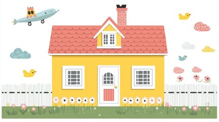 Fototapeta premium Charming Yellow Cottage with Airplane, Birds, and Flowers