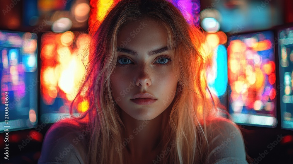 Aufkleber Caucasian Female Programmer Coding on Dual Monitors in Modern Office Space with Colorful Stained Glass Windows