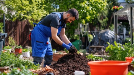 Fototapeta premium A gardener tends to fresh soil and plants in a vibrant backyard garden on a sunny day