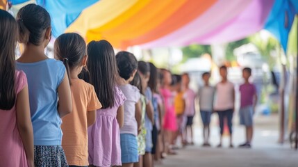 Children stand in line under bright, colorful canopies enjoying a festive outdoor event