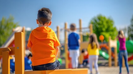 Fototapeta premium A child wearing an orange shirt sits on a bench, observing friends playing in a vibrant park
