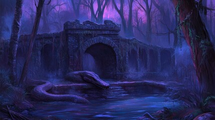 Ancient Bridge, Serpent Guardian, Mystical Forest Night