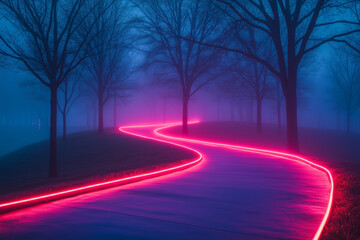 Looping Parkway with Neon Biking Trails and Foggy Meadow, Offering a Scenic Cycling Path
