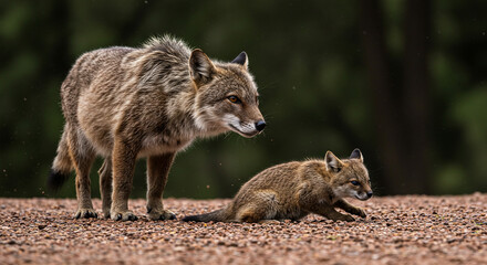 Fototapeta premium Adult Fox and Kit Wildlife Nature Mammals Outdoors