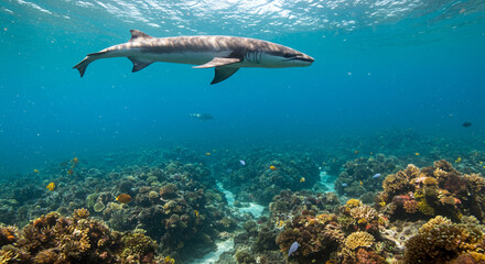 Fototapeta premium Oceanic Shark Swimming Coral Reef Underwater Wildlife