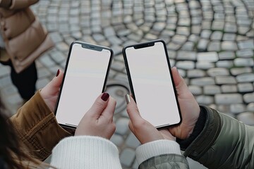 Two People Exchanging Contact Information Over Smartphones with Blank Screens
