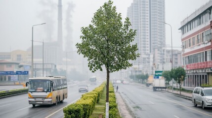 Naklejka premium A solitary tree stands on a busy road lined with buildings and vehicles in foggy weather