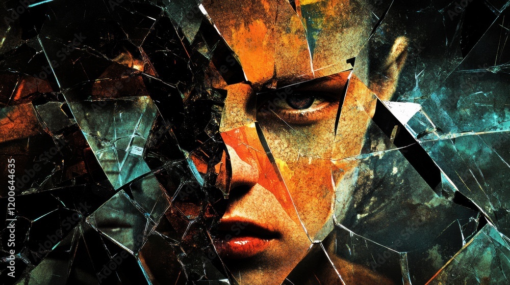 Fototapete reflections of vulnerability with shattered glass revealing fragmented parts of a persons face in a 