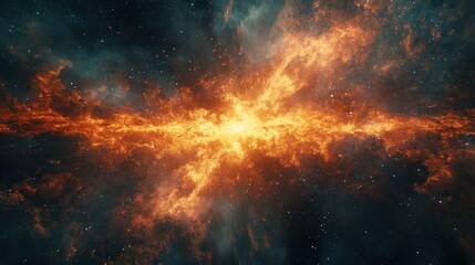 Fiery nebula explodes across the dark cosmos, stars scattered amidst swirling orange gases. Perfect for science fiction, fantasy, or cosmic-themed projects needing a powerful visual.