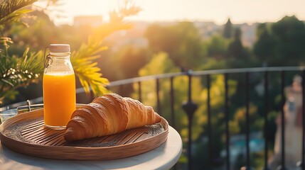 Obraz premium Morning Breakfast with Croissant and Juice on Sunny Balcony
