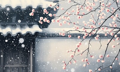 In winter, snowflakes dance, the eaves and flower branches of ancient Chinese architecture