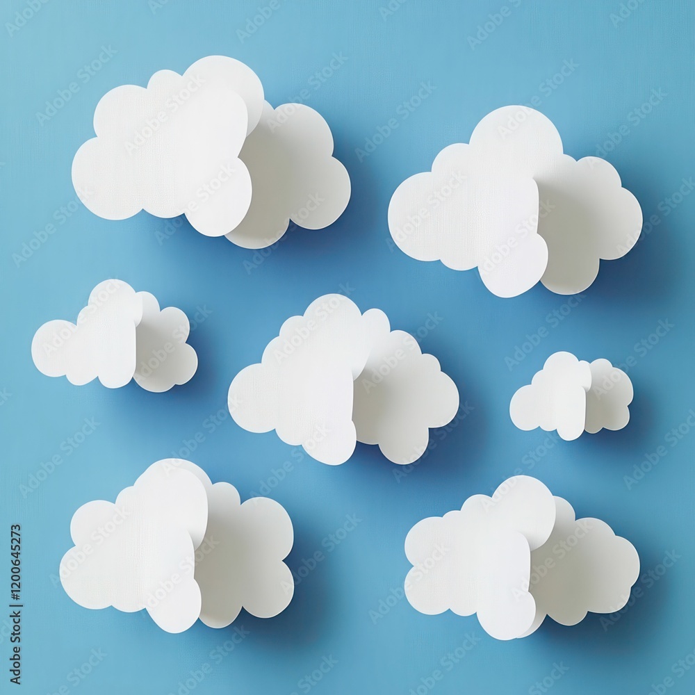 Poster clouds crafted from cut-out paper, floating on a soft blue background, creating a minimalistic and a