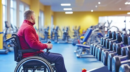 Individual in a wheelchair prepares for strength training in a well-equipped gym environment