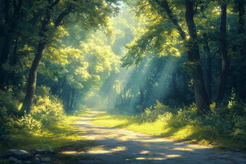 Obraz premium Shady Grove Road with Sunbeams Filtering Through Trees for a Calm Ambiance