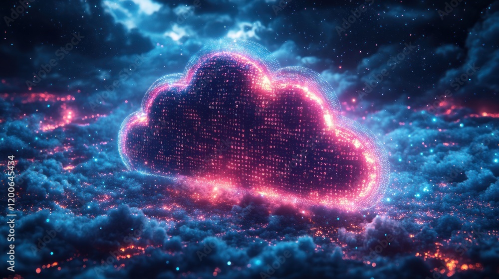 Poster Futuristic Cloud Icon with Glowing Binary Code in Cyberpunk Art Style
