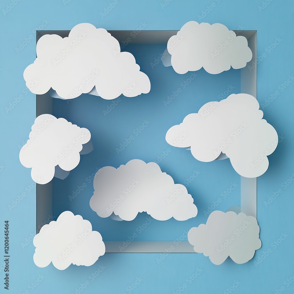 Poster clouds crafted from cut-out paper, floating on a soft blue background, creating a minimalistic and a