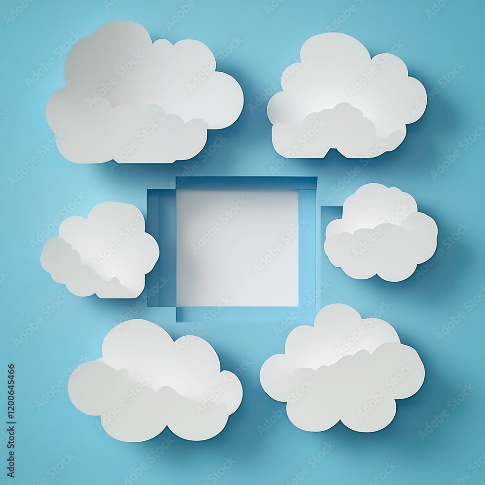 Poster clouds crafted from cut-out paper, floating on a soft blue background, creating a minimalistic and a