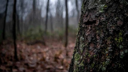 Obraz premium Ancient Forest Tree with Hole, Mossy Bark, Deep Woods