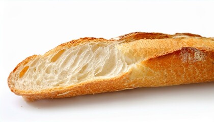 Golden-brown baguette, sliced open, revealing soft, airy crumb.