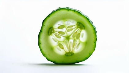 A perfectly sliced cucumber, showcasing its vibrant green hues and inner seeds against a bright white backdrop.