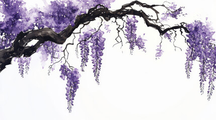 a whimsical ink-style wisteria tree, cascading violet blossoms hanging from gently curved branches, bold black trunk with dynamic twists