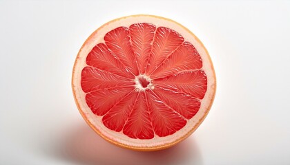 A juicy grapefruit slice, vibrant red segments against a white background.