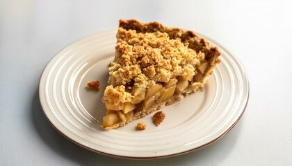 A slice of delicious apple crumble pie on a plate.
