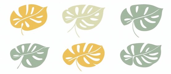 Monstera leaves in soft pastel colors, styled in cartoon pop art, fill the entire space, bringing a modern, fresh vibe to the clean white background.