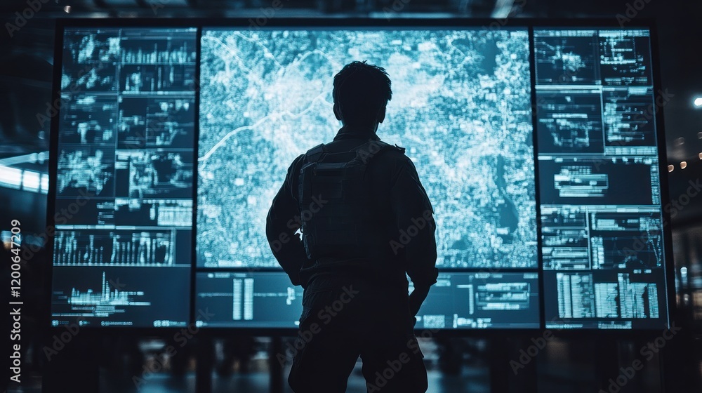 Poster cybersecurity analyst observing digital terrain on large monitors