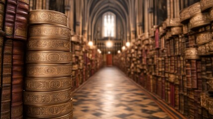 Ancient Library Hallway with Ornate Book Stacks