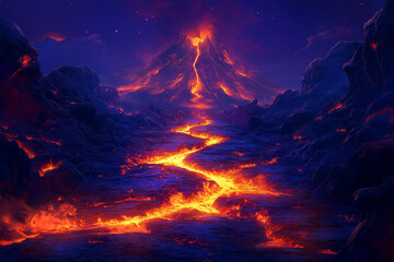 Glowing Lava Trail with Fiery Views of Active Volcano Landscape