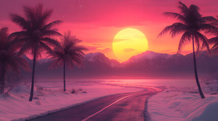 Vibrant sunset over a tranquil landscape with palm trees and mountains