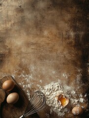 Wooden board with scattered flour and cracked egg creating a baking setup for preparation. Generative AI