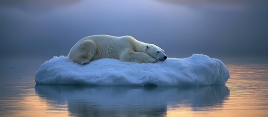 Polar bear resting on iceberg, sunset ocean