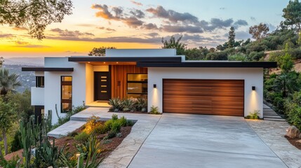 Fototapeta premium Modern hillside home sunset exterior real estate