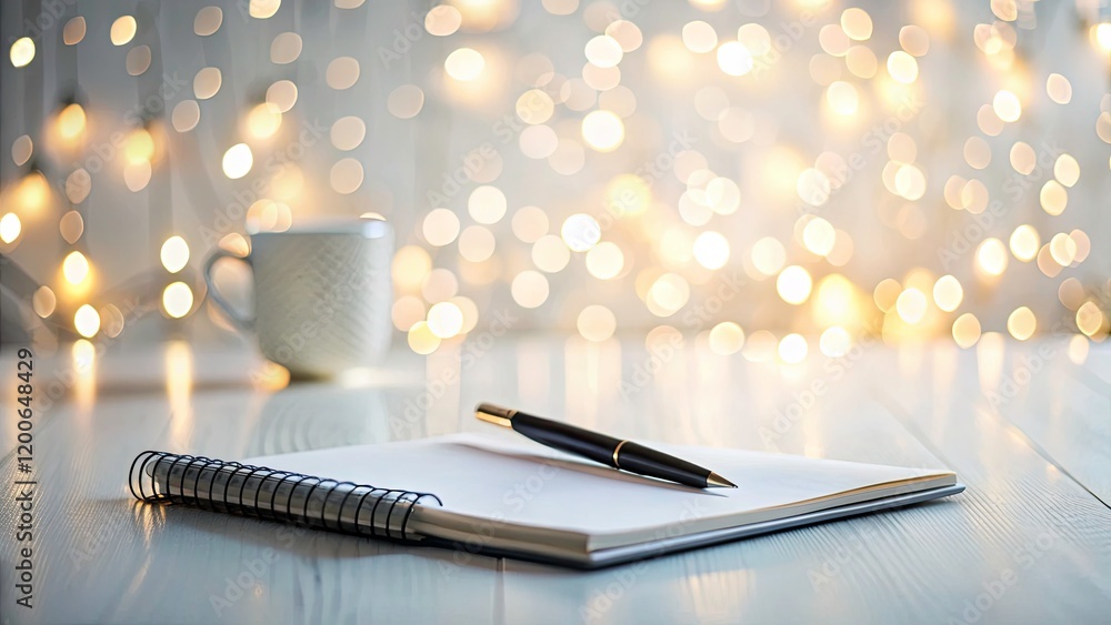 Poster elegant notebook and pen on a clean white table with bokeh effect - perfect for study, work, or crea