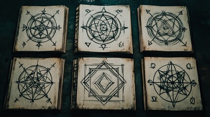 Ancient Mystical Grimoires with Symbolic Diagrams