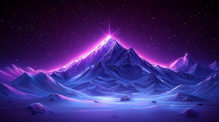 Glowing Purple Mountain Peak Under a Starry, Snowy Night Sky